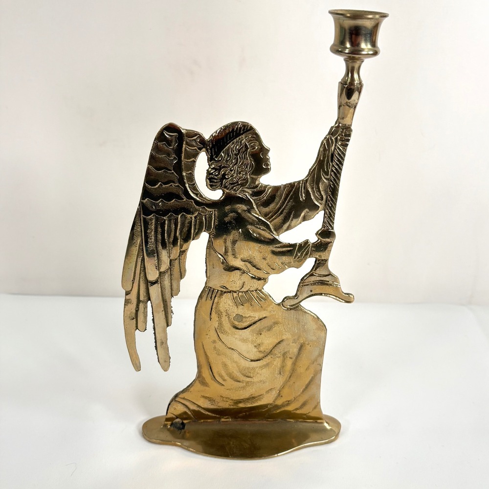 Vintage Brass Kneeling Angel Taper Candle Holder Gold Winged Figurine 12 Inch - Picture 5 of 9
